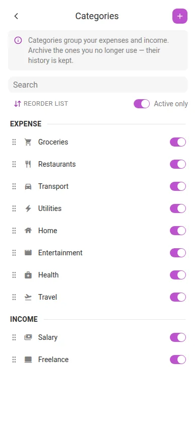 The Categories screen (mobile)