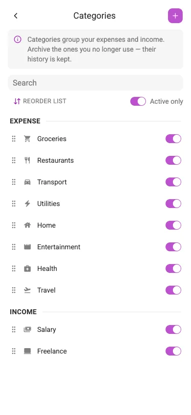 The Categories screen (mobile)
