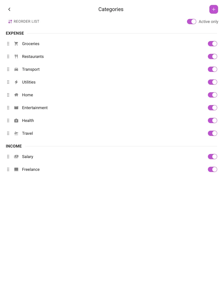 The Categories screen (tablet)
