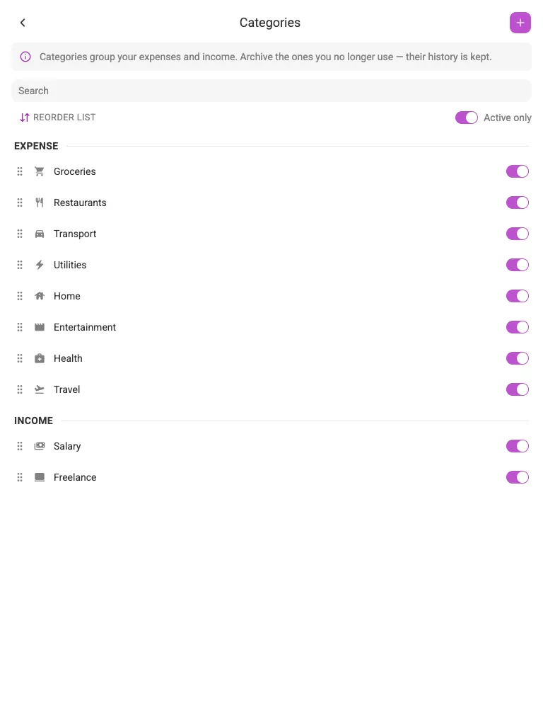 The Categories screen (tablet)