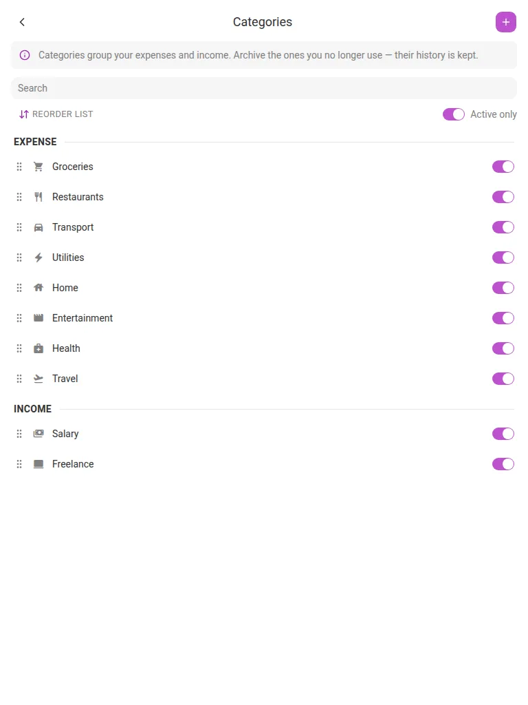 The Categories screen (tablet)