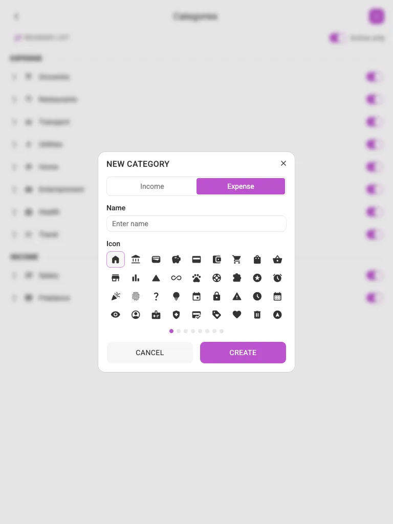 The new-category dialog (tablet)