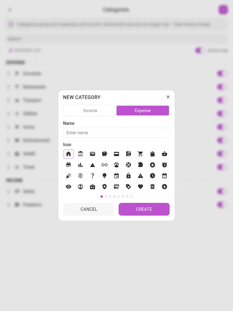 The new-category dialog (tablet)
