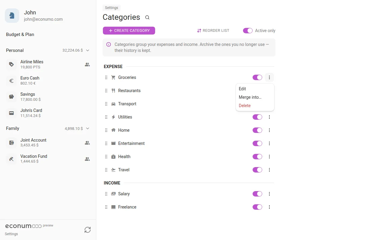 The item menu (desktop)