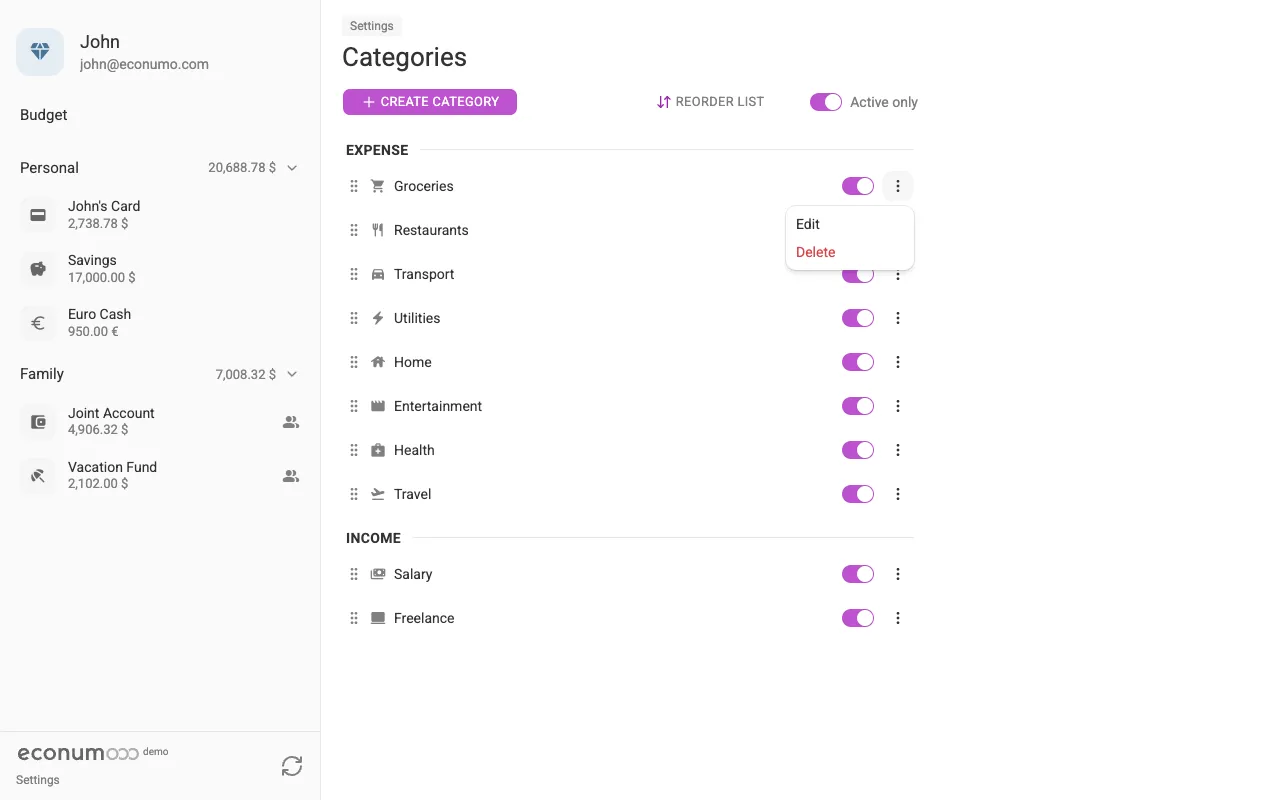 The item menu (desktop)