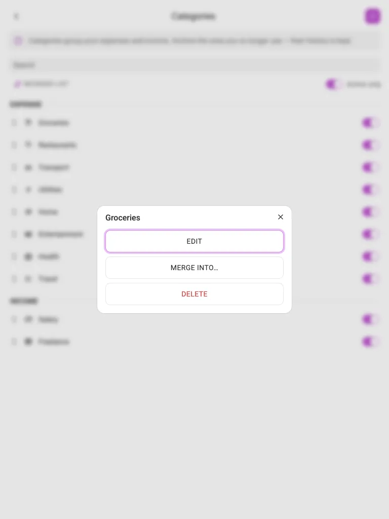 The item menu (tablet)
