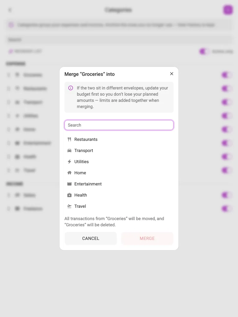 Merging two categories (tablet)