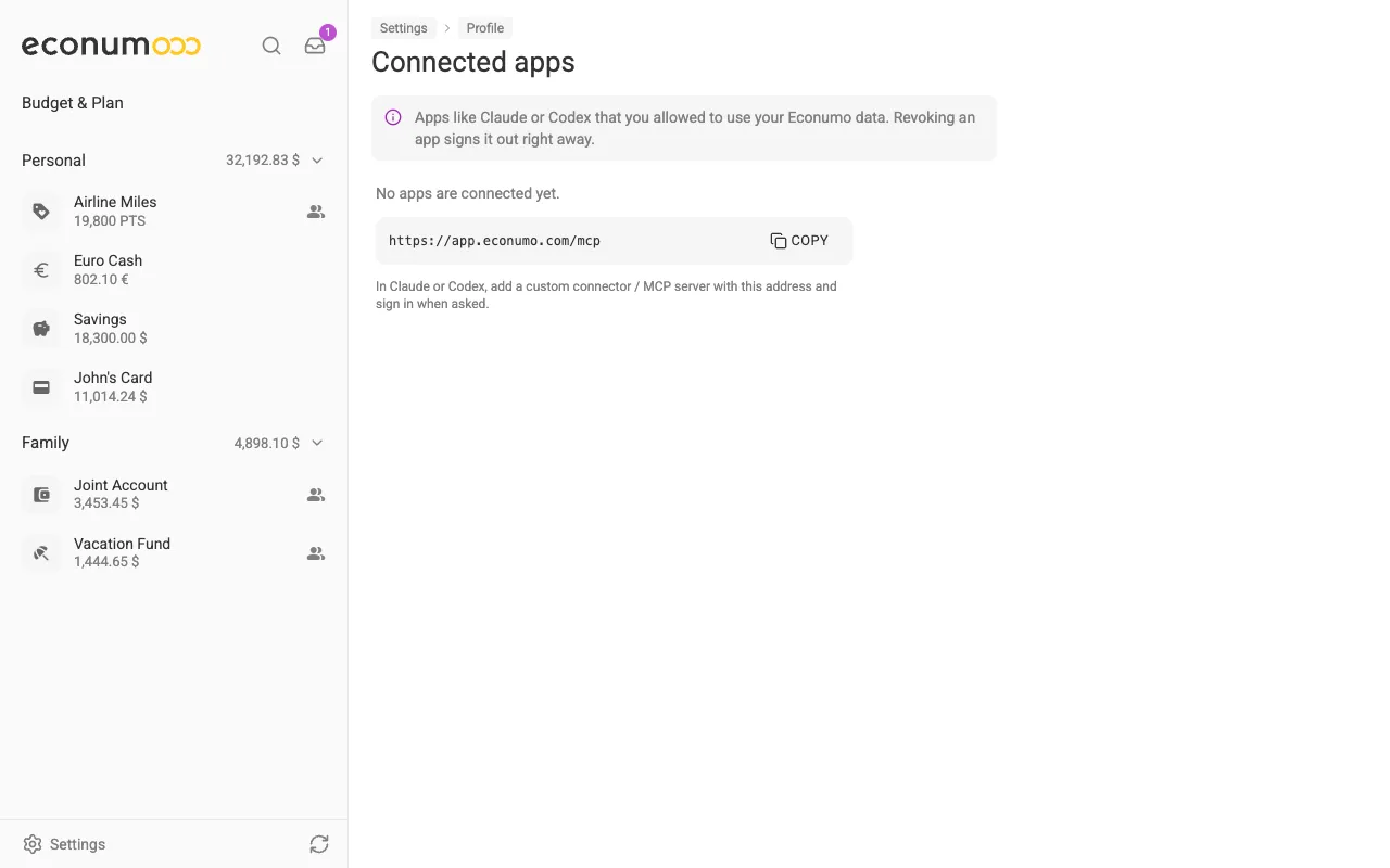 The Connected apps page with the MCP address (desktop)