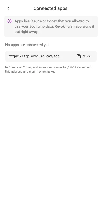 The Connected apps page (mobile)