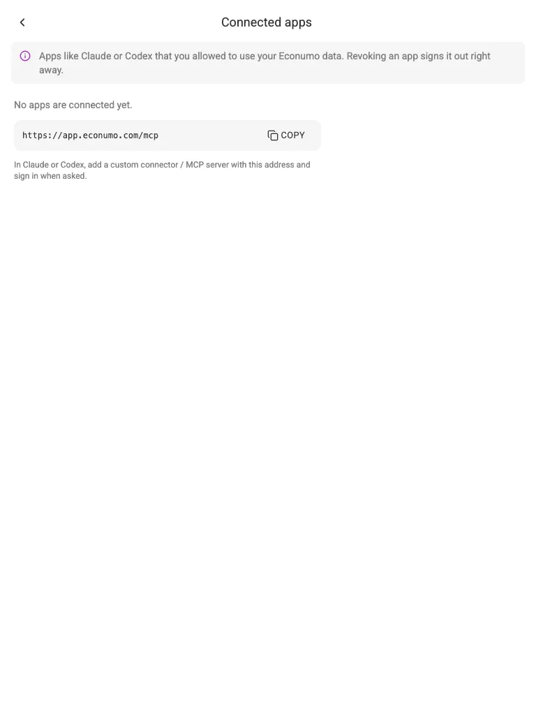 The Connected apps page (tablet)
