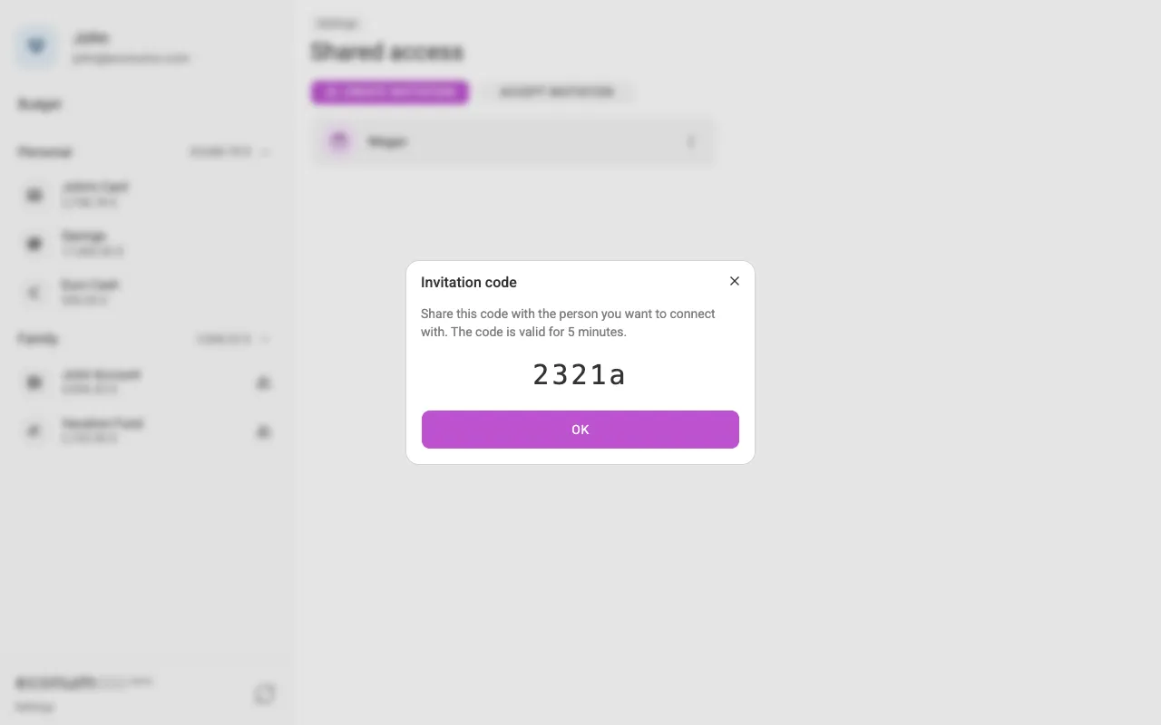 The invitation code dialog (desktop)