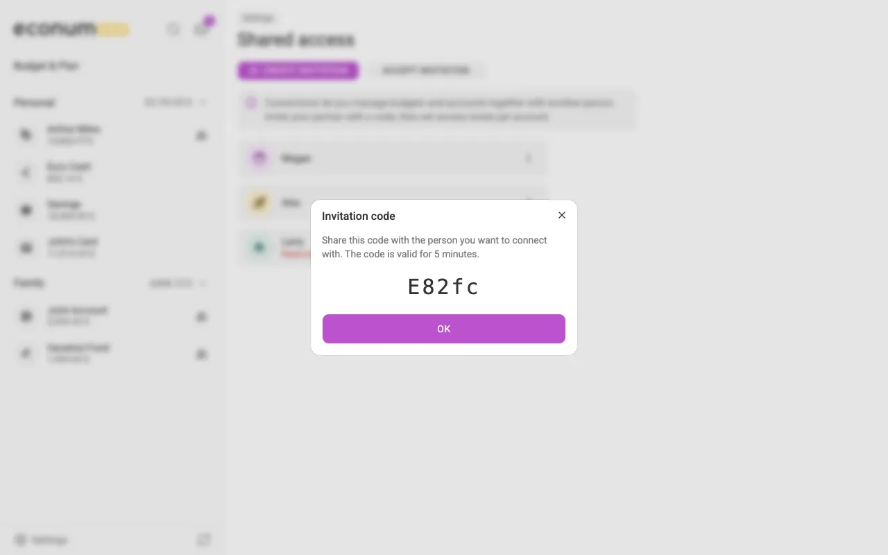 The invitation code dialog (desktop)
