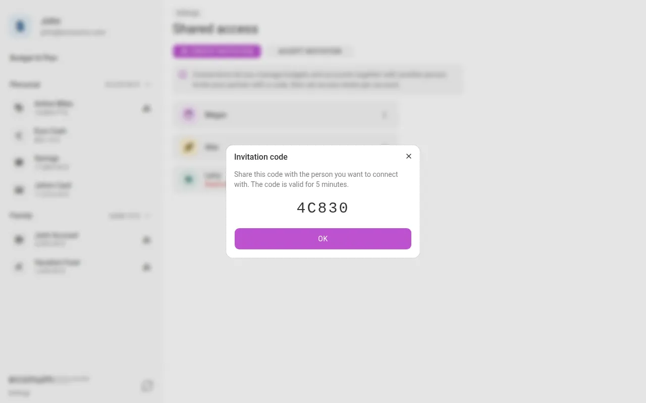 The invitation code dialog (desktop)