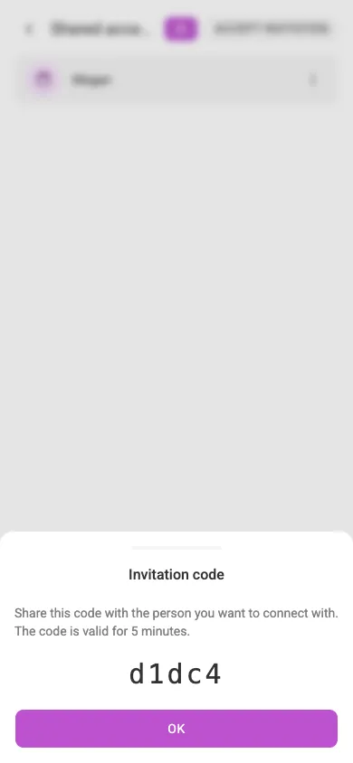 The invitation code dialog (mobile)