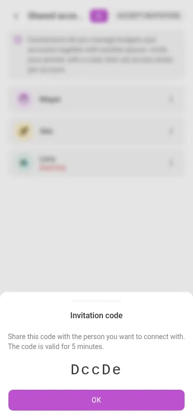 The invitation code dialog (mobile)