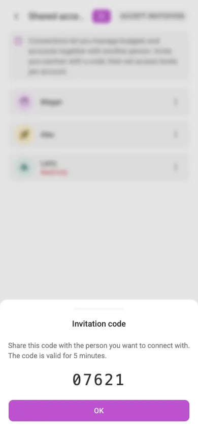 The invitation code dialog (mobile)
