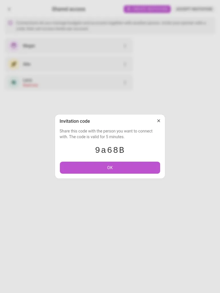 The invitation code dialog (tablet)