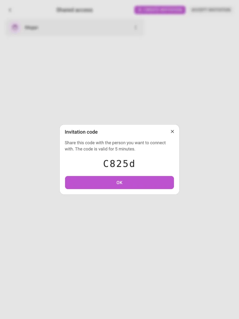 The invitation code dialog (tablet)
