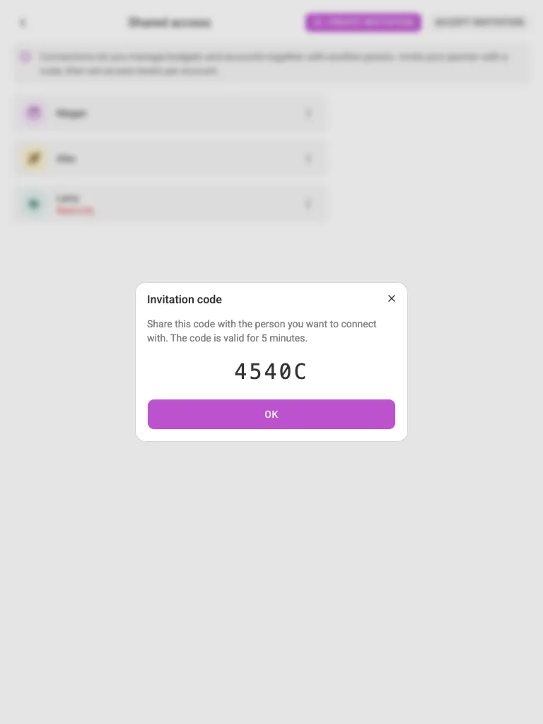 The invitation code dialog (tablet)
