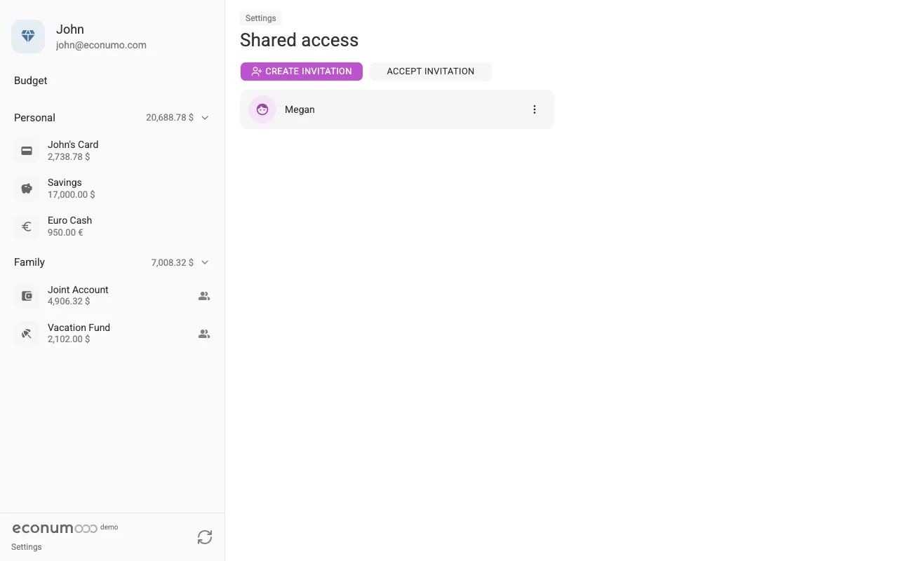 The Shared access screen (desktop)