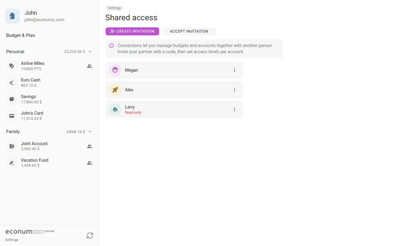 The Shared access screen (desktop)