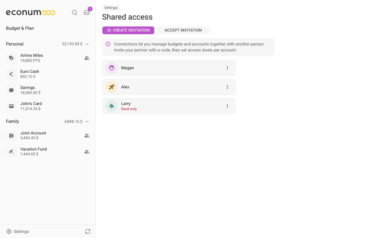 The Shared access screen (desktop)