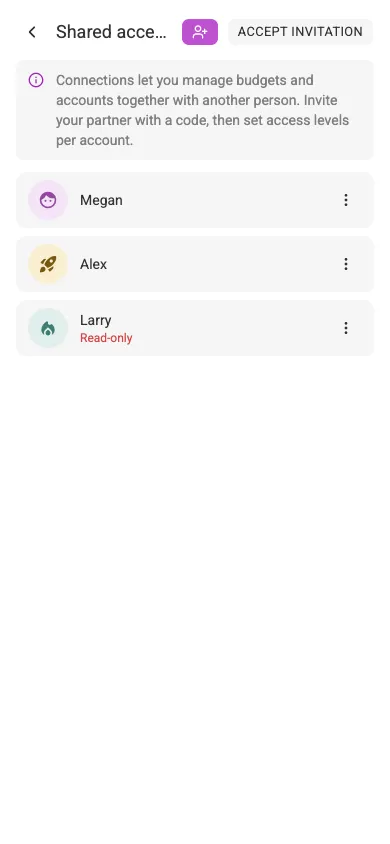 The Shared access screen (mobile)