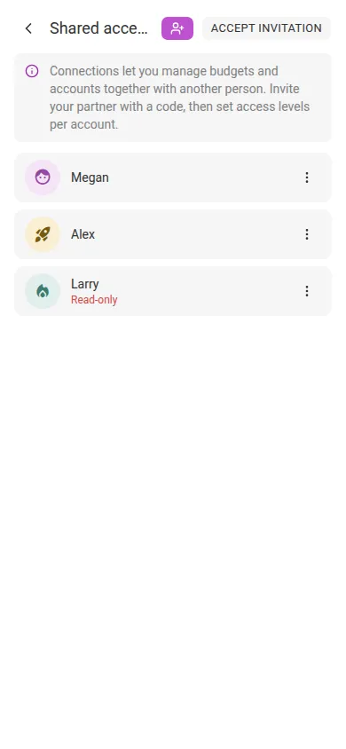 The Shared access screen (mobile)