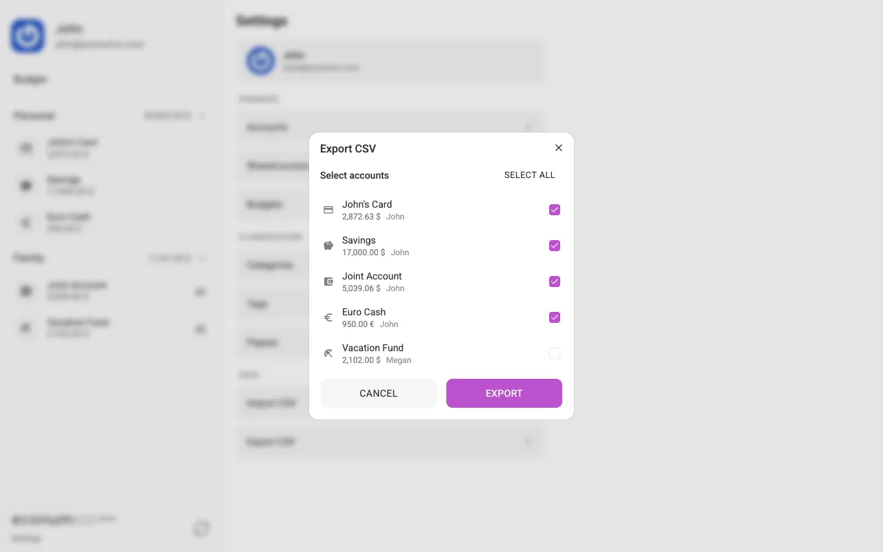 The export-CSV dialog (desktop)