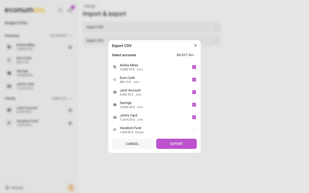 The export-CSV dialog (desktop)