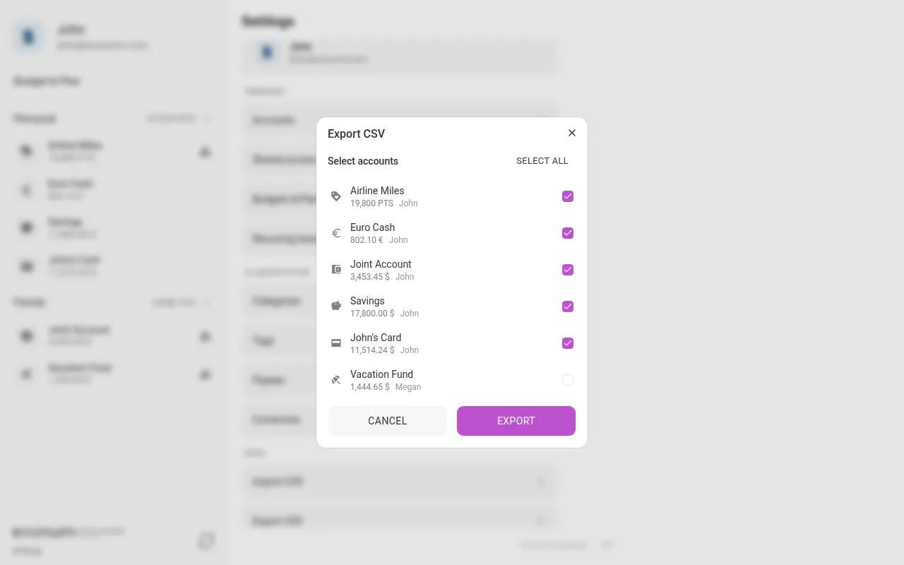 The export-CSV dialog (desktop)
