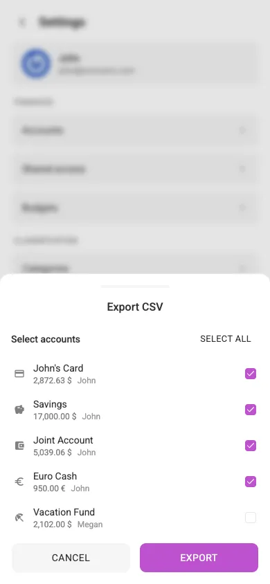 The export-CSV dialog (mobile)
