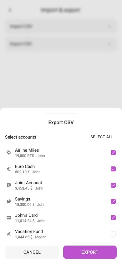 The export-CSV dialog (mobile)