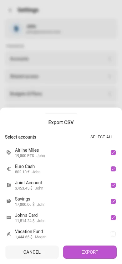 The export-CSV dialog (mobile)