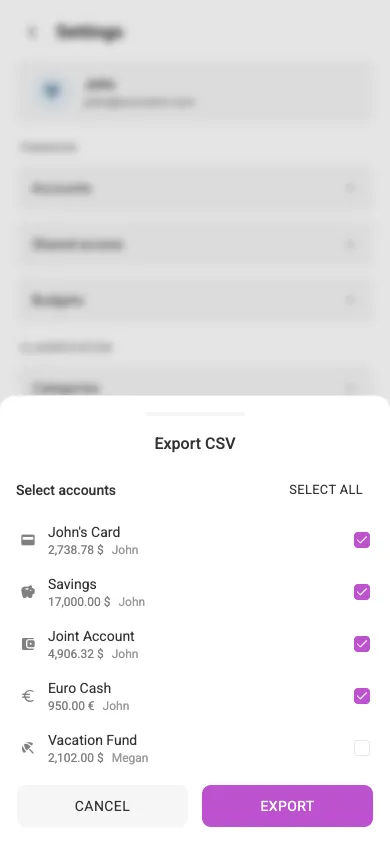 The export-CSV dialog (mobile)