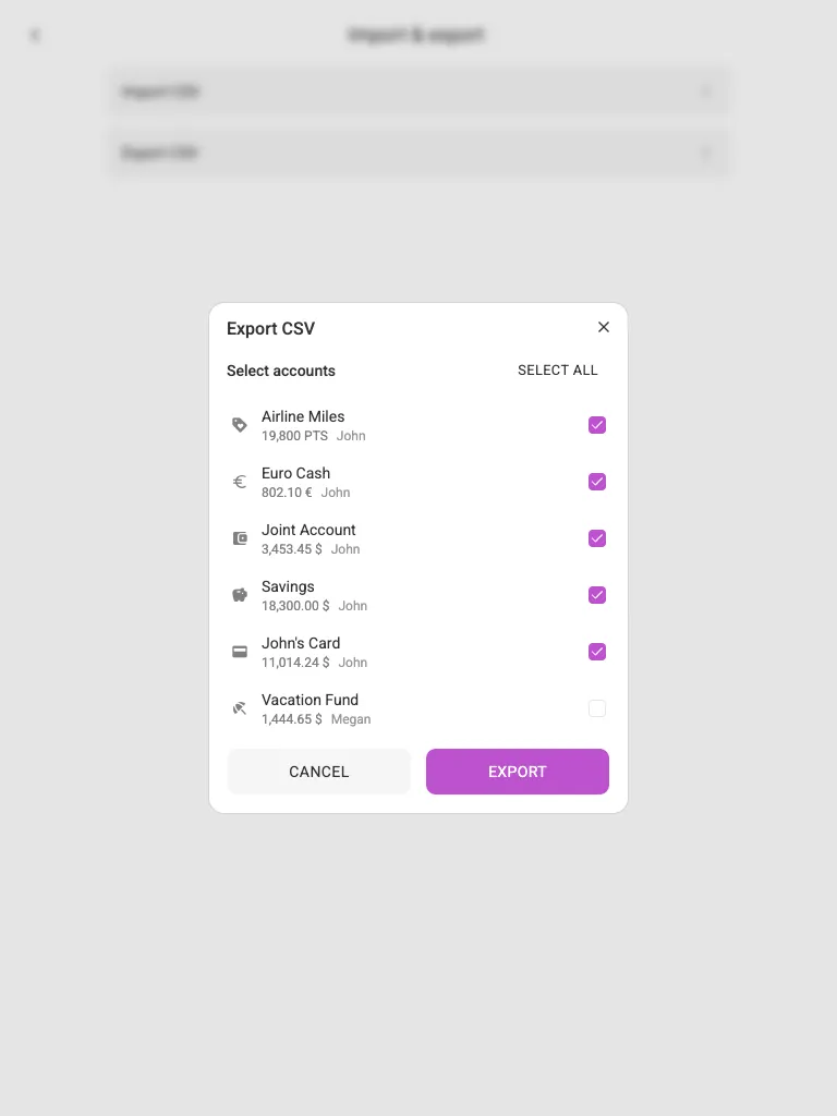 The export-CSV dialog (tablet)
