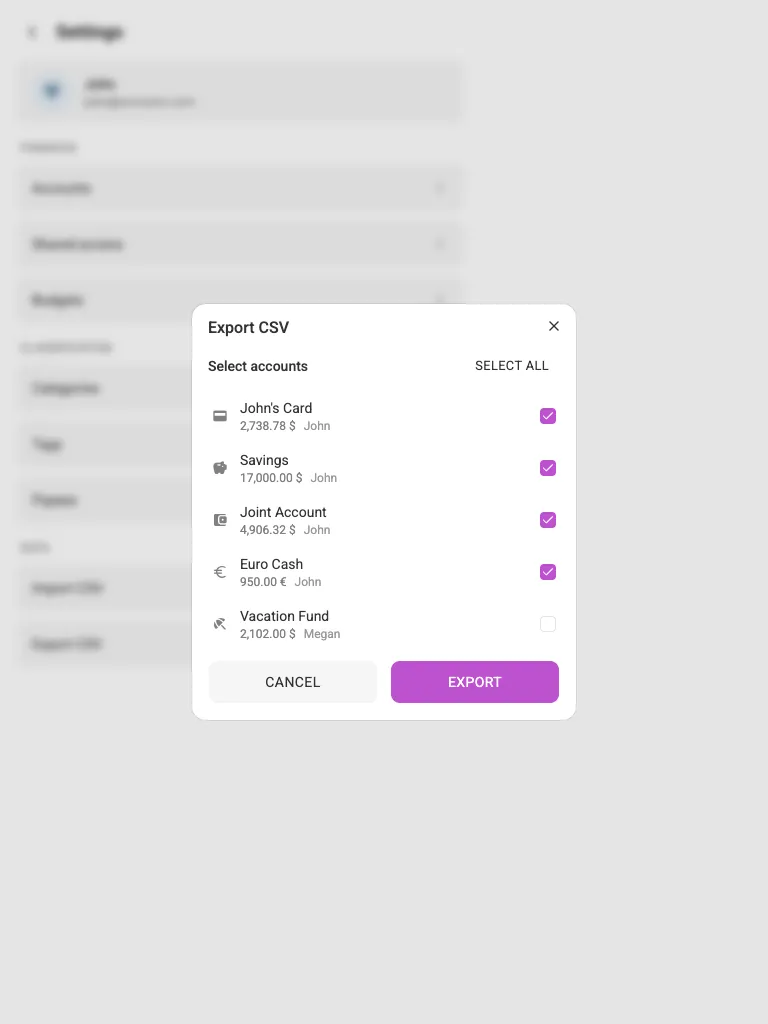 The export-CSV dialog (tablet)