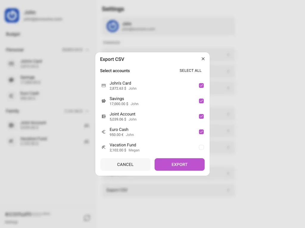 The export-CSV dialog (tablet)