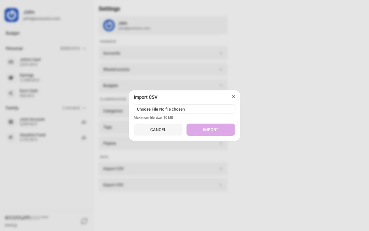 The import-CSV dialog (desktop)