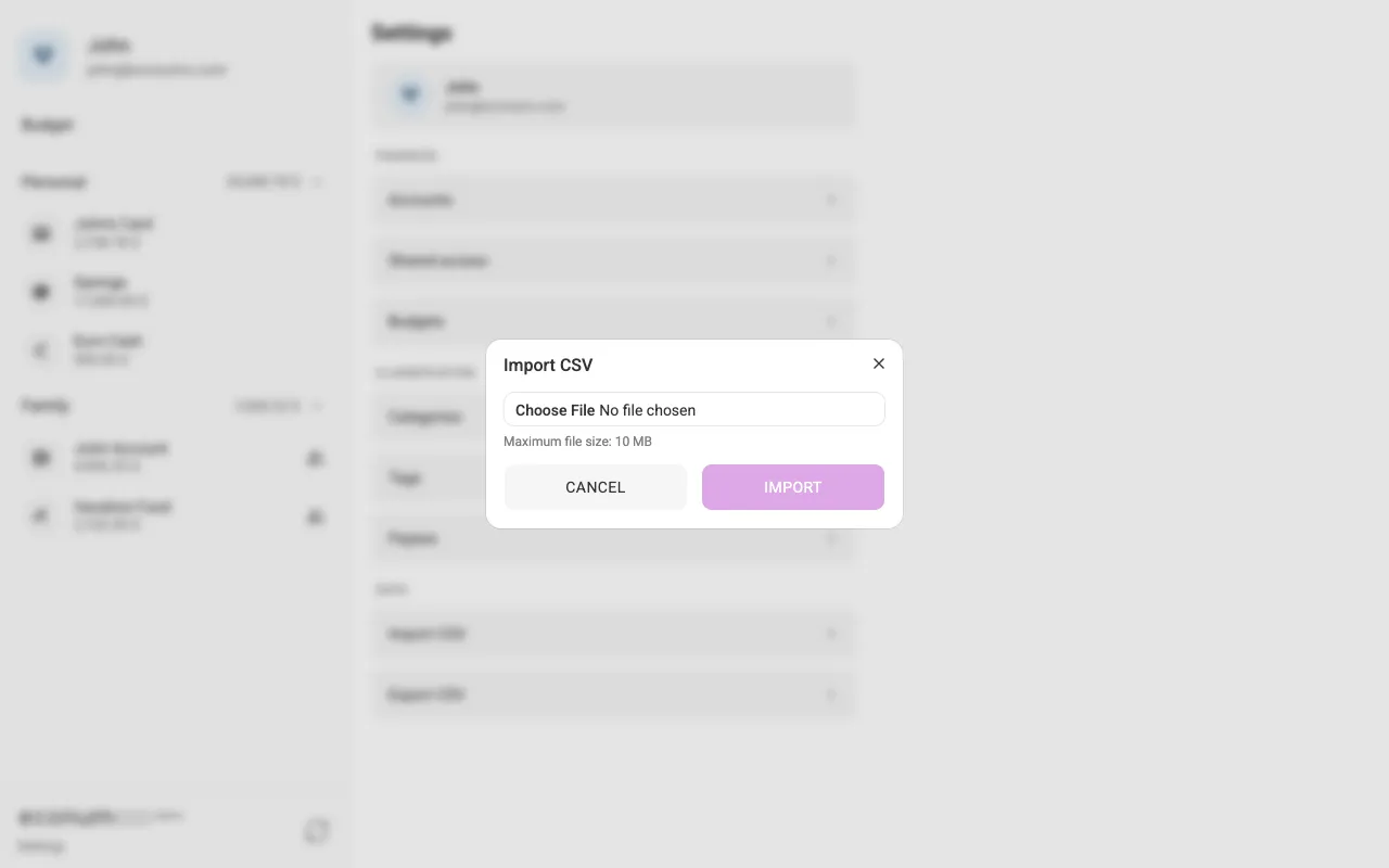 The import-CSV dialog (desktop)