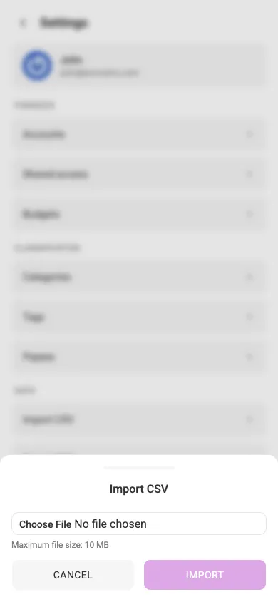 The import-CSV dialog (mobile)