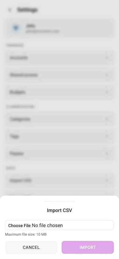 The import-CSV dialog (mobile)