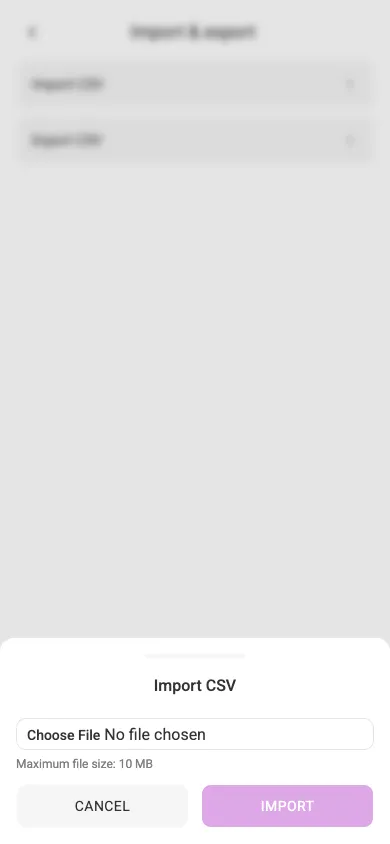 The import-CSV dialog (mobile)