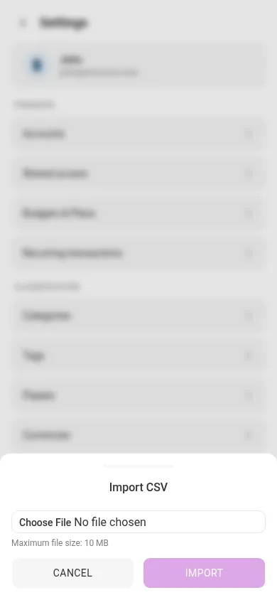 The import-CSV dialog (mobile)