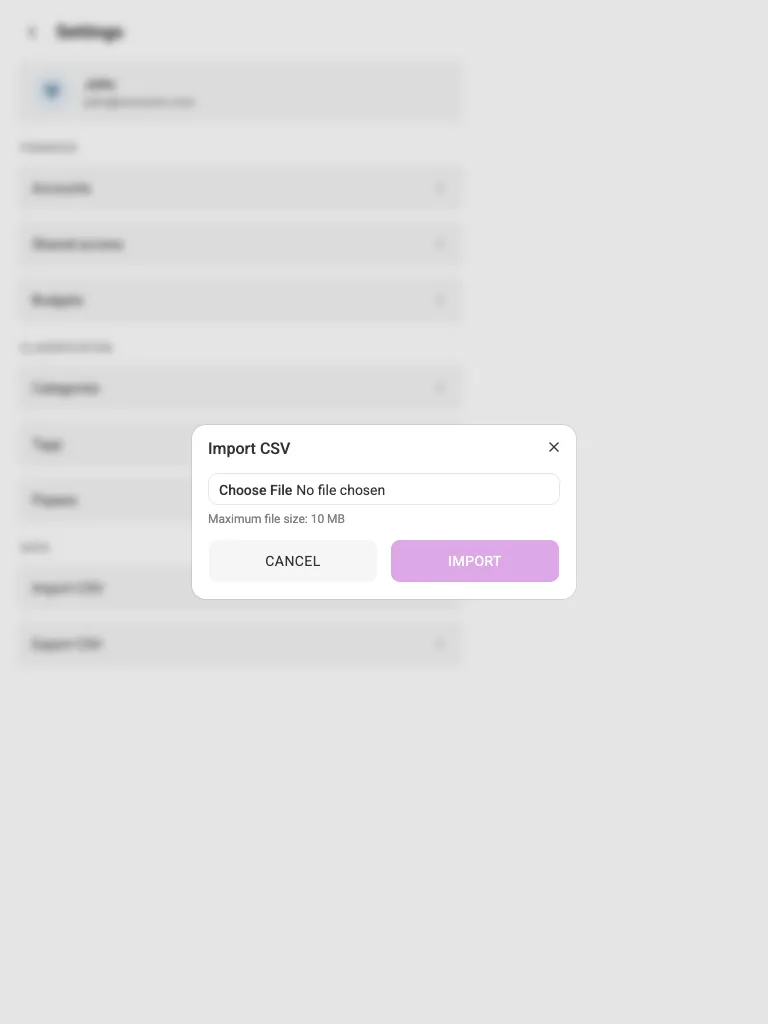 The import-CSV dialog (tablet)