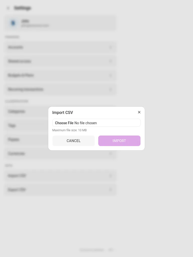 The import-CSV dialog (tablet)