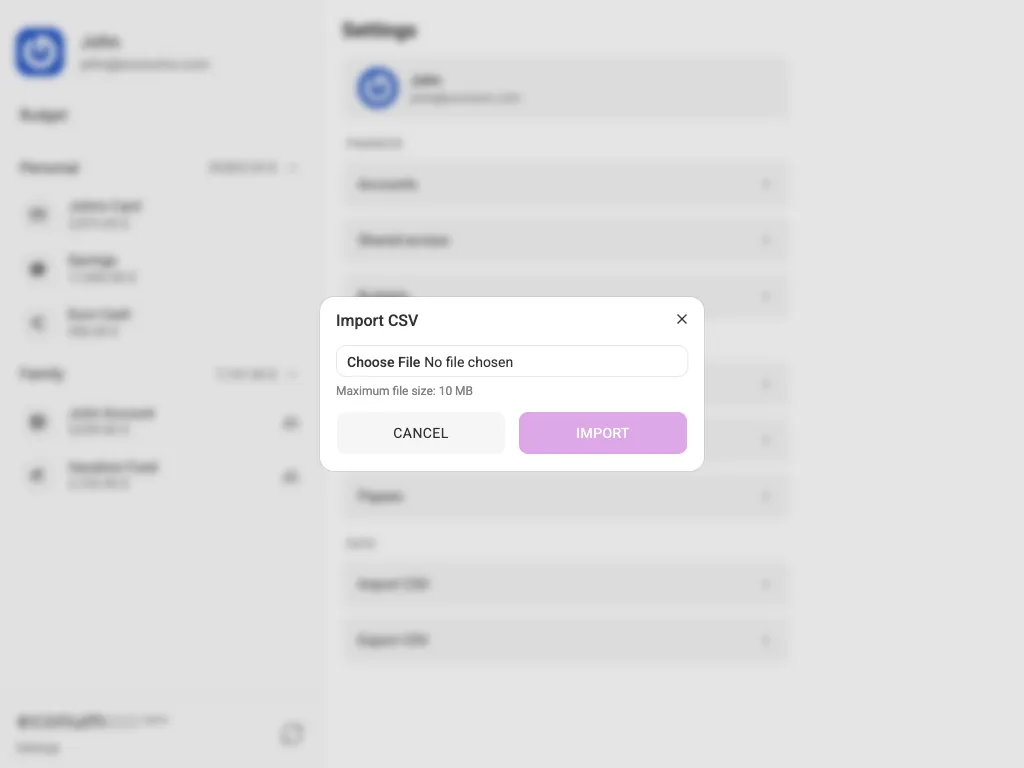 The import-CSV dialog (tablet)