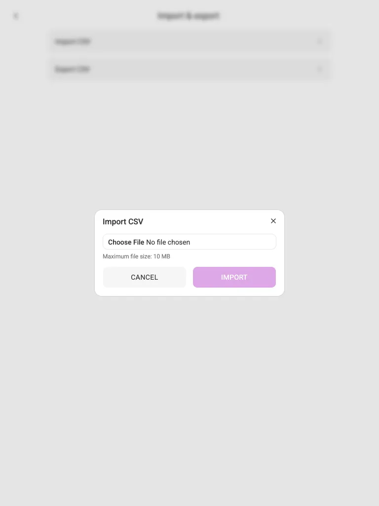 The import-CSV dialog (tablet)