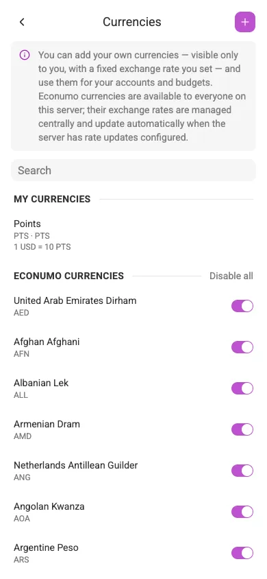 The Currencies screen (mobile)