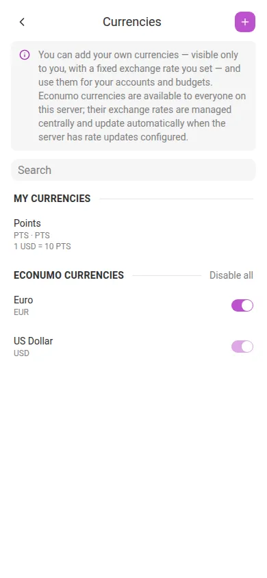The Currencies screen (mobile)